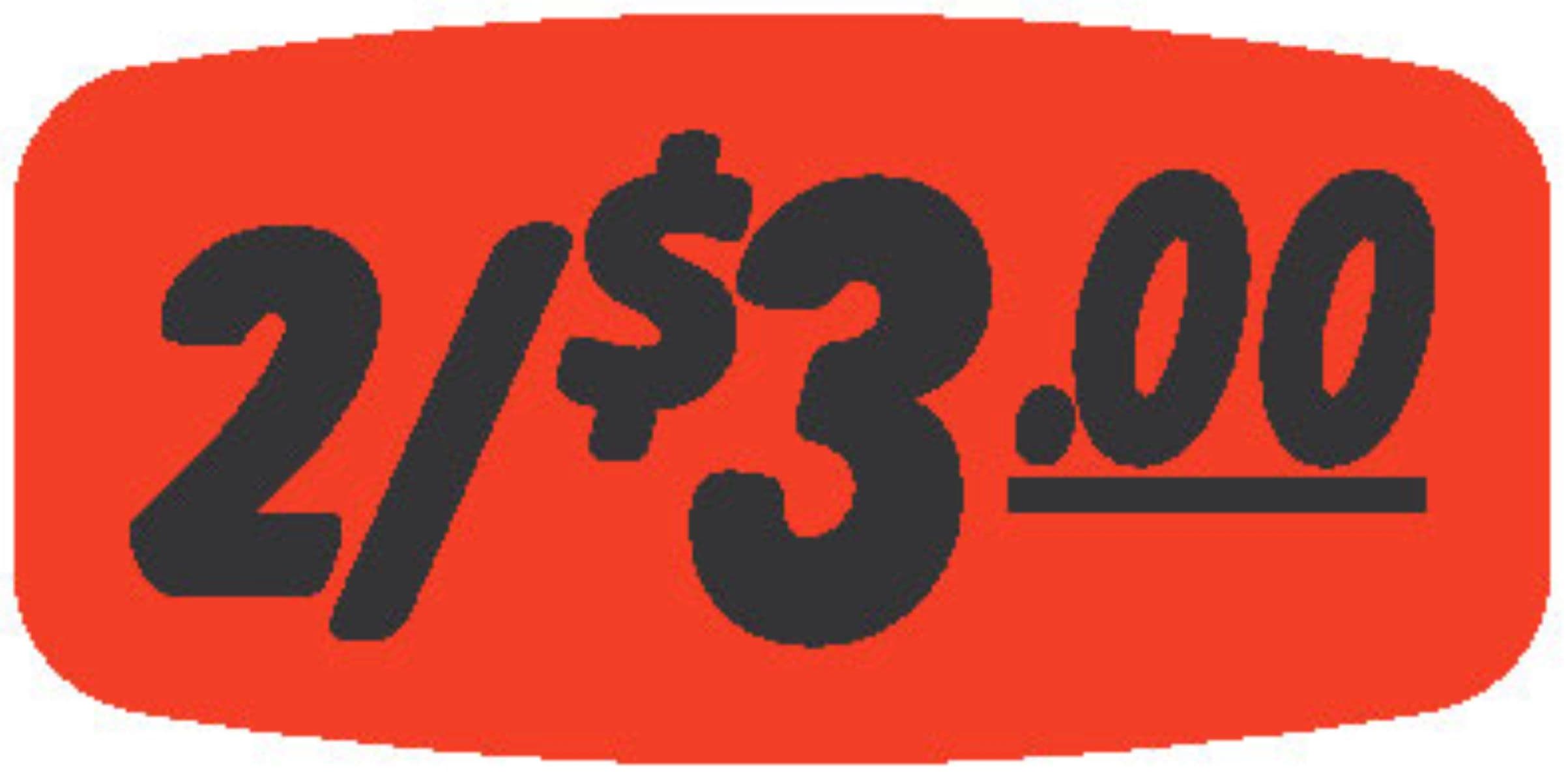 2/$3.00 Price Label 0.625X1.25 IN Black Fluorescent Red Short Oval 1000 Count/Roll 50 Rolls/Case 50000 Count/Case