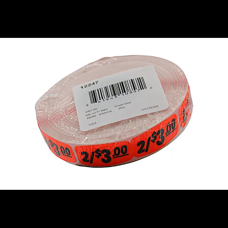 2/$3.00 Price Label 0.625X1.25 IN Black Fluorescent Red Short Oval 1000 Count/Roll 50 Rolls/Case 50000 Count/Case