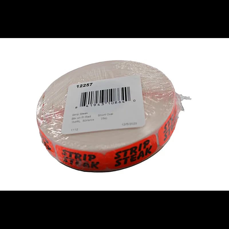 Strip Steak Label 0.625X1.25 IN Black Fluorescent Red Short Oval 1000 Count/Roll 50 Rolls/Case 50000 Count/Case