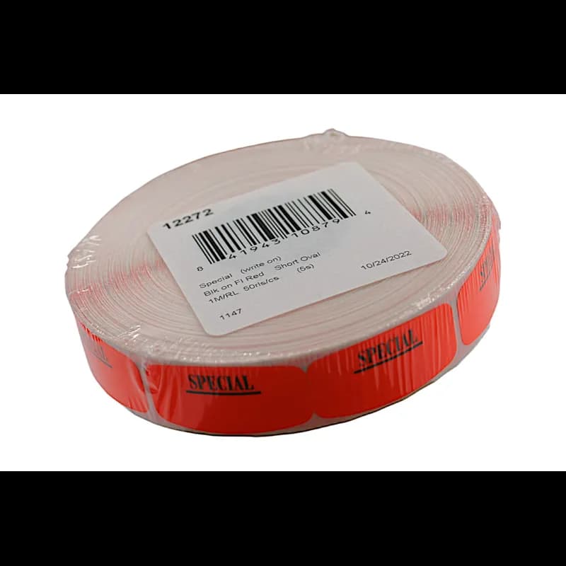 Special Write In Label 0.625X1.25 IN Black Fluorescent Red Short Oval Write On 1000 Count/Roll 50 Rolls/Case