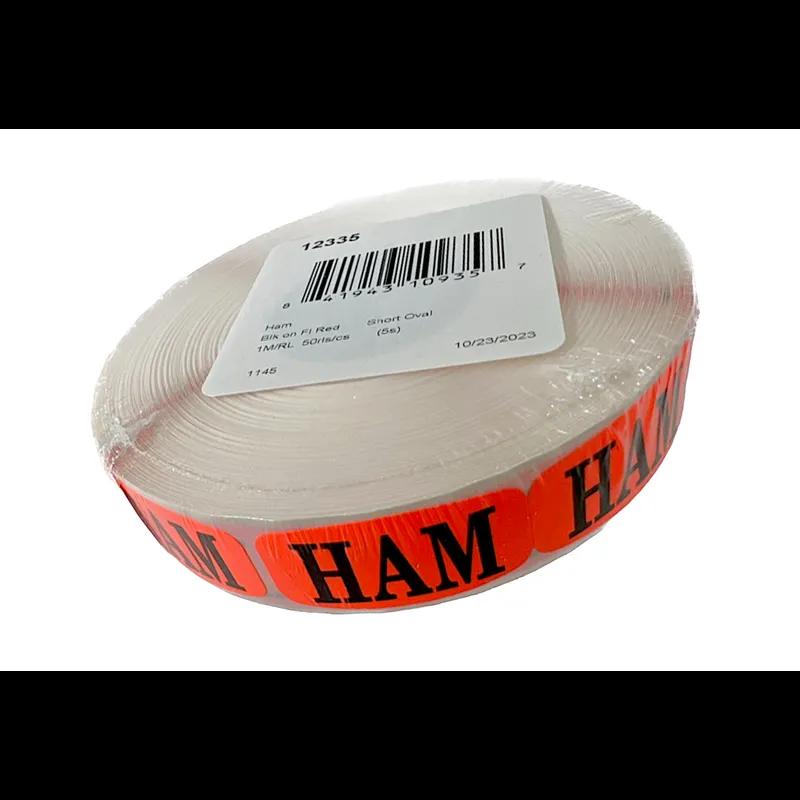 Ham Label 0.625X1.25 IN Black Fluorescent Red Short Oval 1000 Count/Roll 50 Rolls/Case 50000 Count/Case