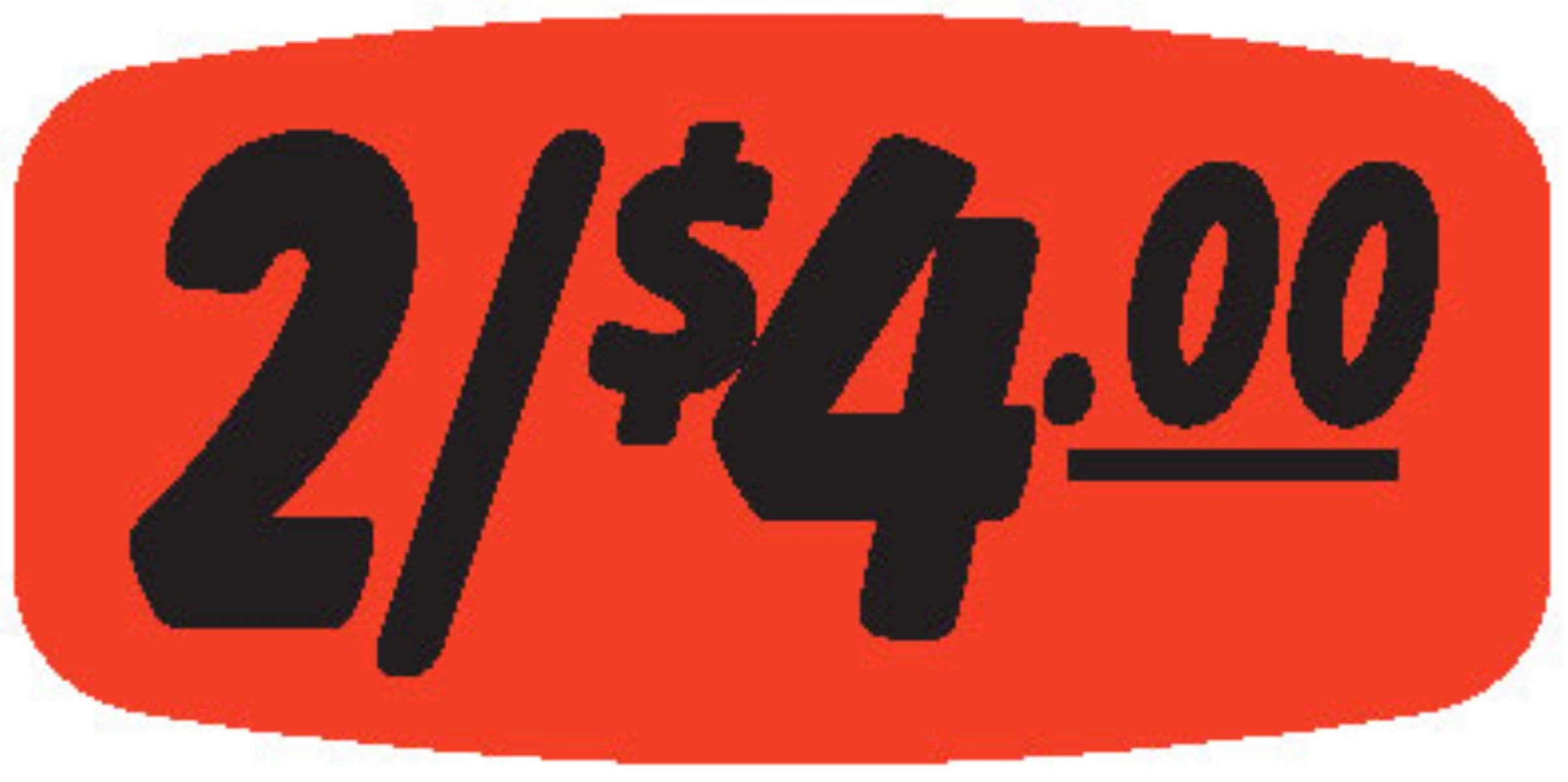 2/$4.00 Price Label 0.625X1.25 IN Black Fluorescent Red Short Oval 1000 Count/Roll 50 Rolls/Case 50000 Count/Case