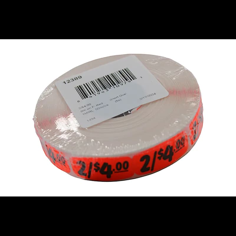 2/$4.00 Price Label 0.625X1.25 IN Black Fluorescent Red Short Oval 1000 Count/Roll 50 Rolls/Case 50000 Count/Case