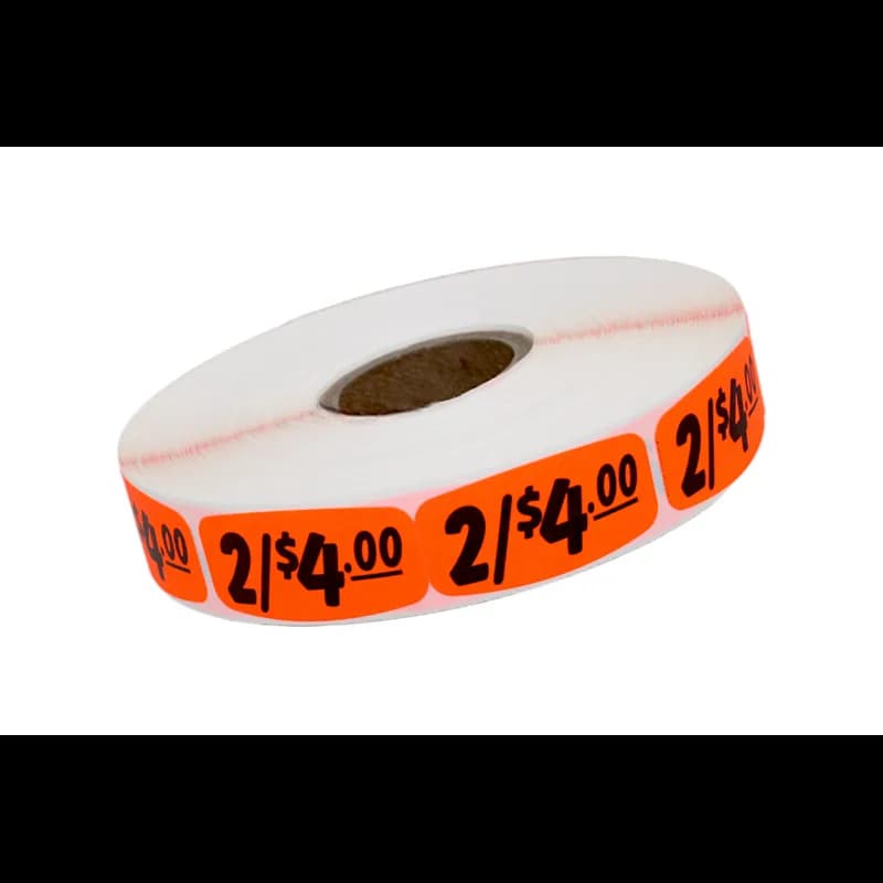 2/$4.00 Price Label 0.625X1.25 IN Black Fluorescent Red Short Oval 1000 Count/Roll 50 Rolls/Case 50000 Count/Case