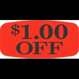 $1.00 Off Price Label 0.625X1.25 IN Black Fluorescent Red Short Oval 1000 Count/Roll 50 Rolls/Case 50000 Count/Case