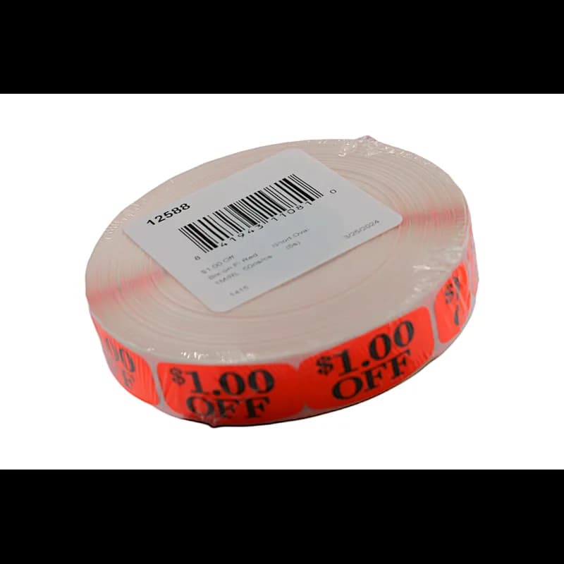 $1.00 Off Price Label 0.625X1.25 IN Black Fluorescent Red Short Oval 1000 Count/Roll 50 Rolls/Case 50000 Count/Case