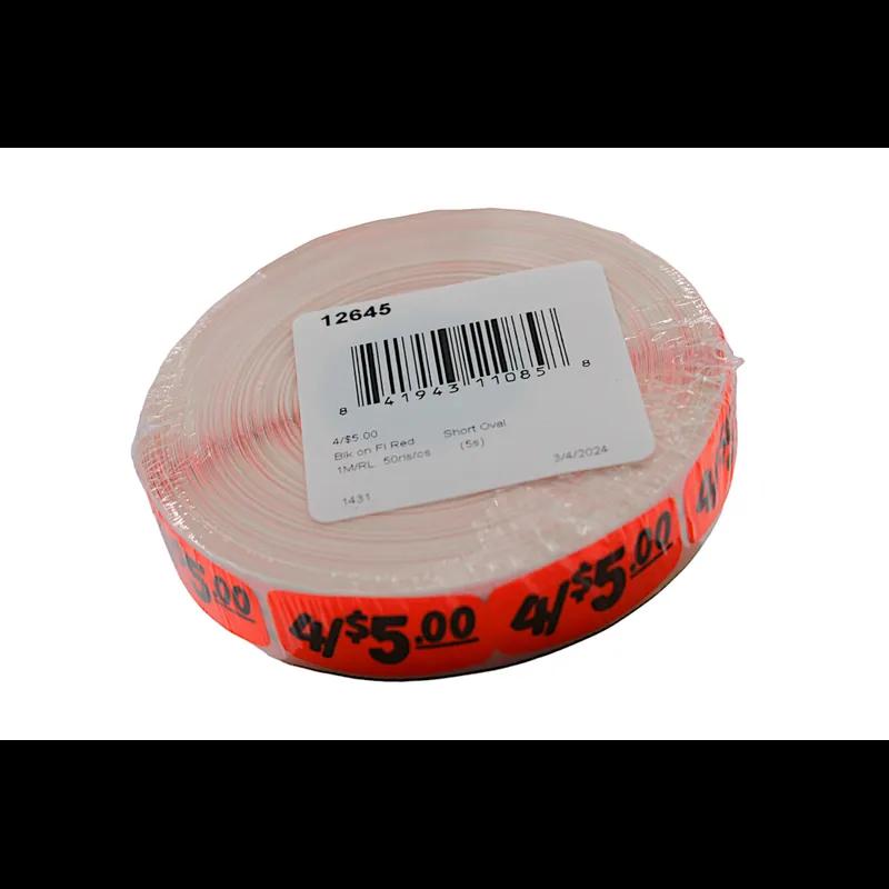 4/$5.00 Price Label 0.625X1.25 IN Black Fluorescent Red Short Oval 1000 Count/Roll 50 Rolls/Case 50000 Count/Case