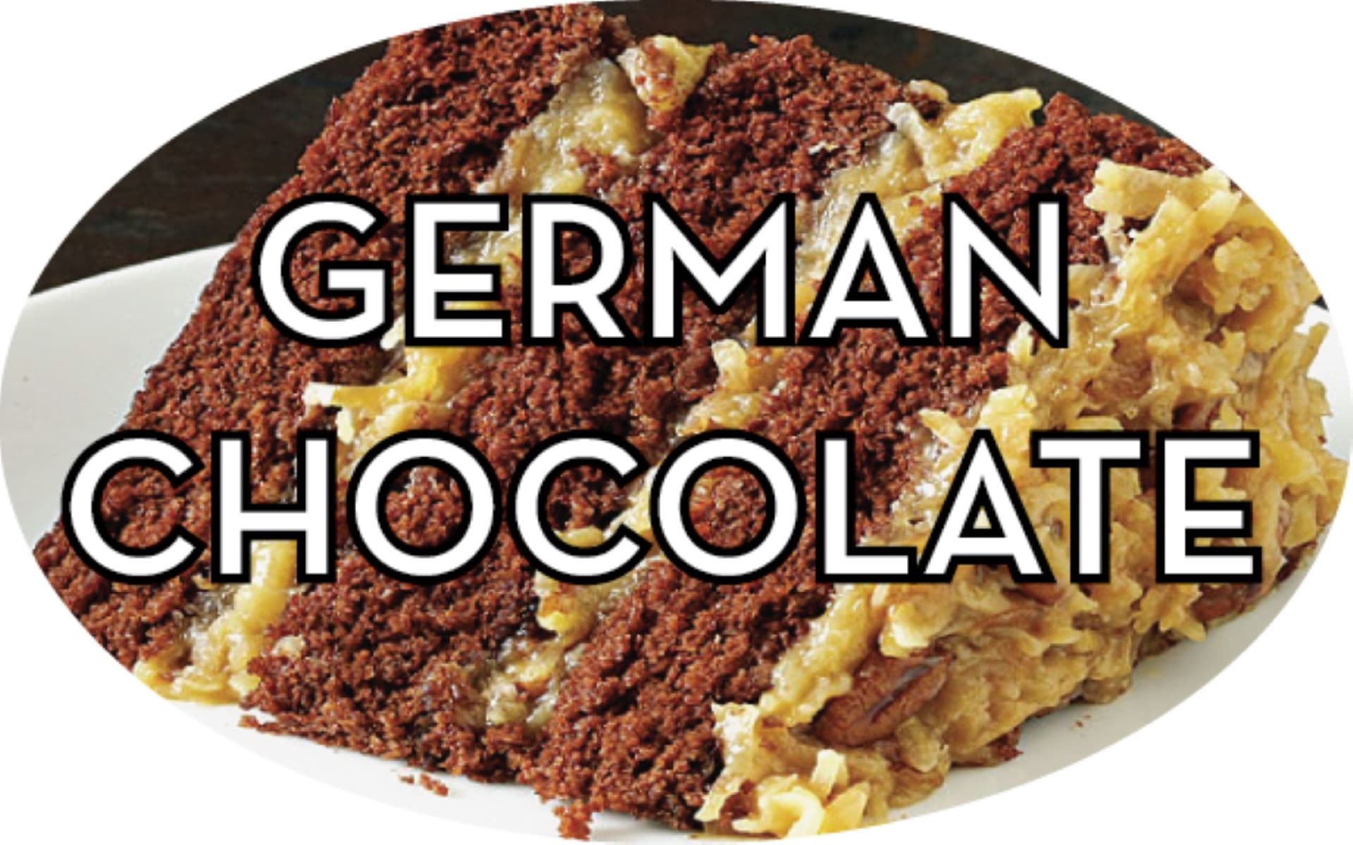 German Chocolate Bakery Flavor Label 1.25X2 IN Oval 4 Color Process 500 Count/Roll 5 Rolls/Sleeve