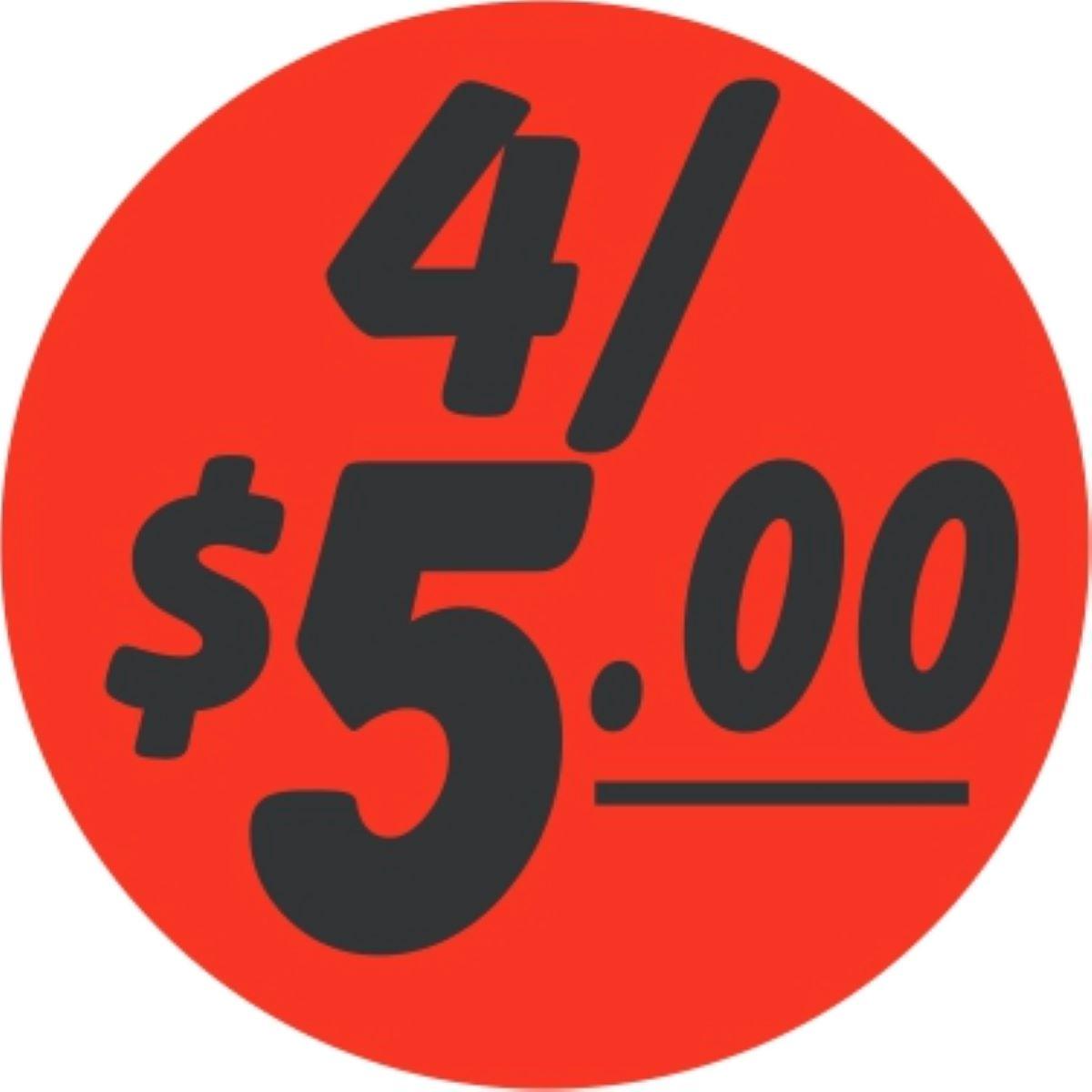 4/$5.00 Price Label 1.25 IN Black Fluorescent Red Circle 1000 Count/Roll 50 Rolls/Case 50000 Count/Case