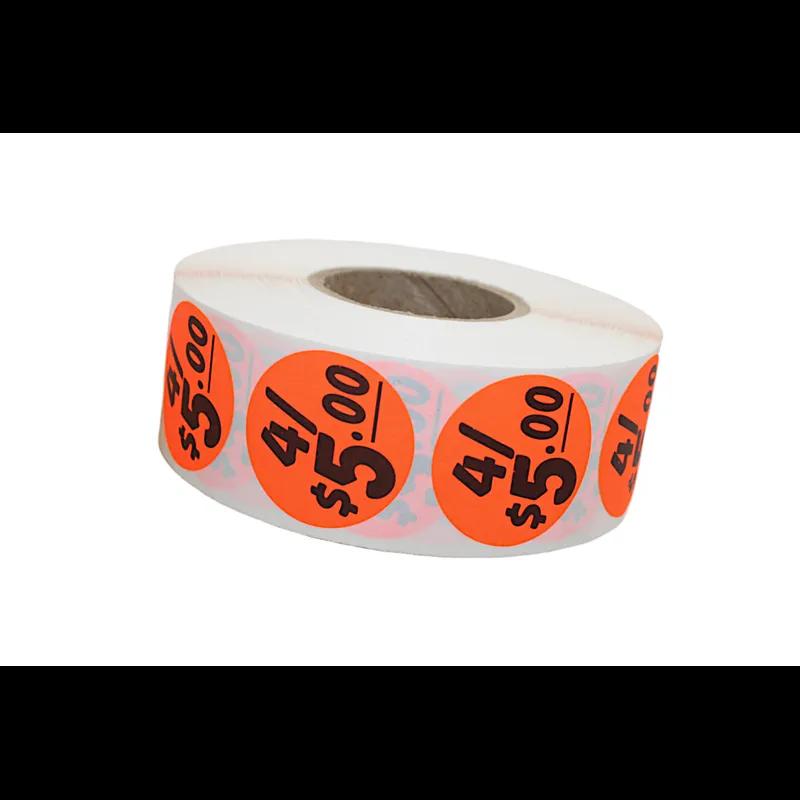 4/$5.00 Price Label 1.25 IN Black Fluorescent Red Circle 1000 Count/Roll 50 Rolls/Case 50000 Count/Case