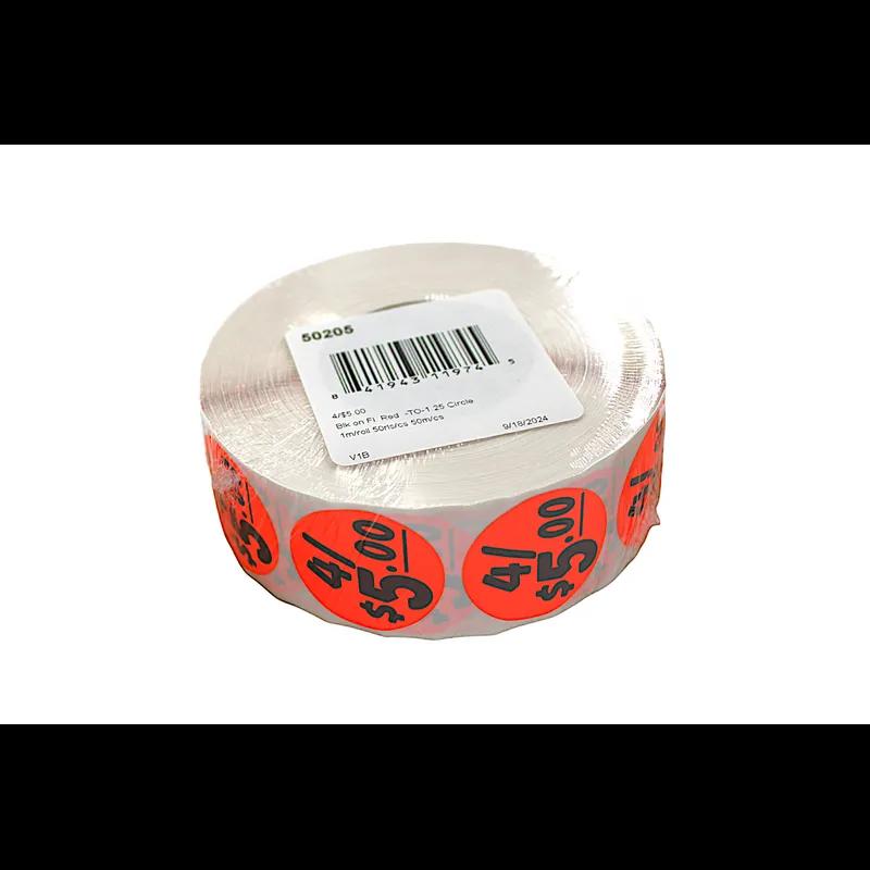 4/$5.00 Price Label 1.25 IN Black Fluorescent Red Circle 1000 Count/Roll 50 Rolls/Case 50000 Count/Case