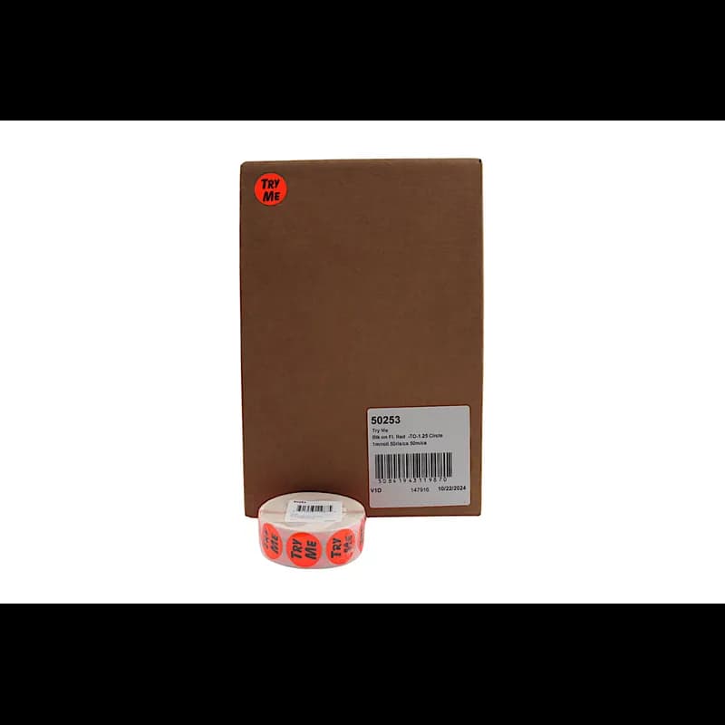 Try Me Label 1.25 IN Black Fluorescent Red Circle 1000 Count/Roll 50 Rolls/Case 50000 Count/Case
