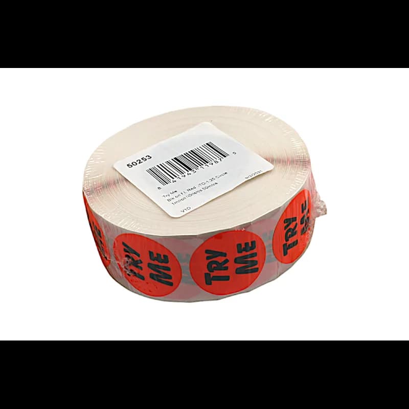 Try Me Label 1.25 IN Black Fluorescent Red Circle 1000 Count/Roll 50 Rolls/Case 50000 Count/Case