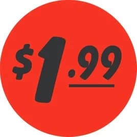 1.99 Promo Price Label 1.5 IN Black Fluorescent Red Circle 1000 Count/Roll 50 Rolls/Case 50000 Count/Case