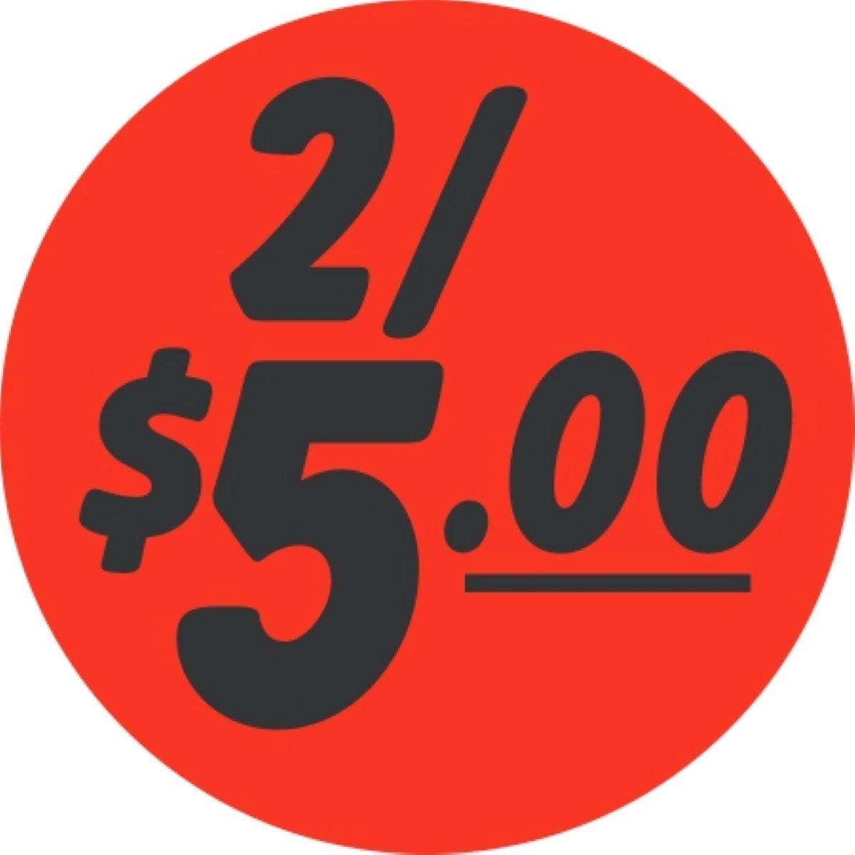 2/$5.00 Price Label 1.5 IN Black Fluorescent Red Circle 1000 Count/Roll 50 Rolls/Case 50000 Count/Case