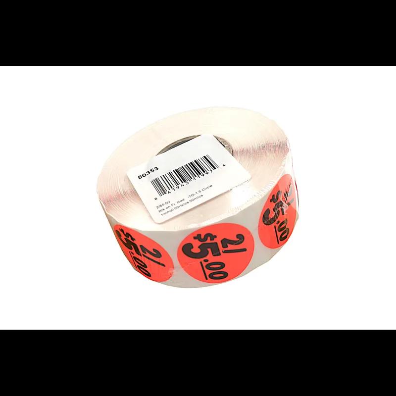 2/$5.00 Price Label 1.5 IN Black Fluorescent Red Circle 1000 Count/Roll 50 Rolls/Case 50000 Count/Case