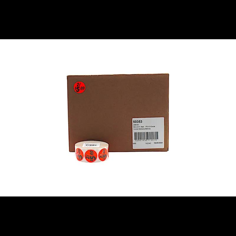 2/$5.00 Price Label 1.5 IN Black Fluorescent Red Circle 1000 Count/Roll 50 Rolls/Case 50000 Count/Case