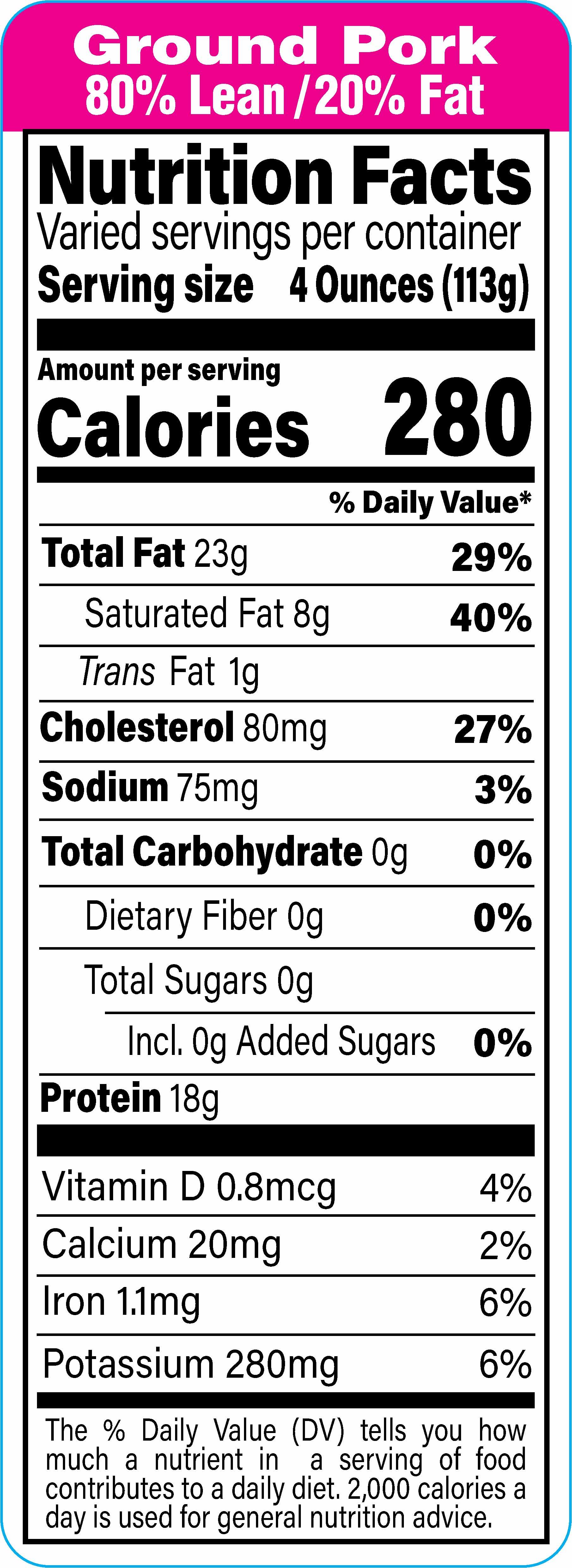 Ground Pork 80% Lean/20% Fat Meat Nutritional Label 1.5X4.125 IN Pink Black UV 1000 Count/Roll 12 Rolls/Case