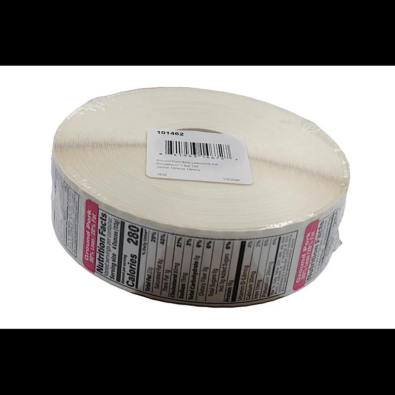 Ground Pork 80% Lean/20% Fat Meat Nutritional Label 1.5X4.125 IN Pink Black UV 1000 Count/Roll 12 Rolls/Case