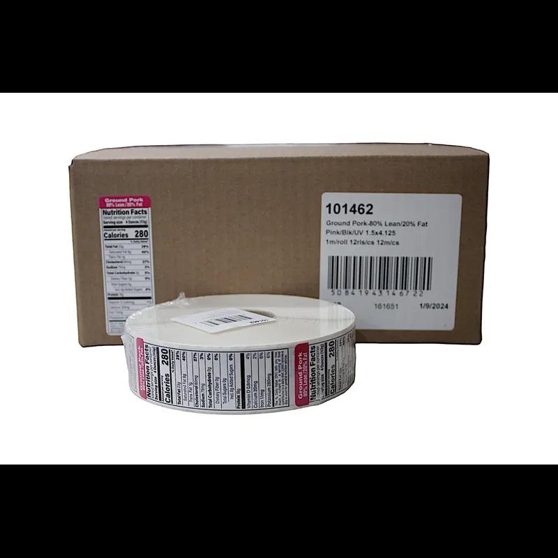 Ground Pork 80% Lean/20% Fat Meat Nutritional Label 1.5X4.125 IN Pink Black UV 1000 Count/Roll 12 Rolls/Case