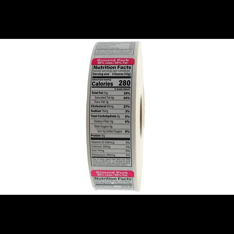 Ground Pork 80% Lean/20% Fat Meat Nutritional Label 1.5X4.125 IN Pink Black UV 1000 Count/Roll 12 Rolls/Case
