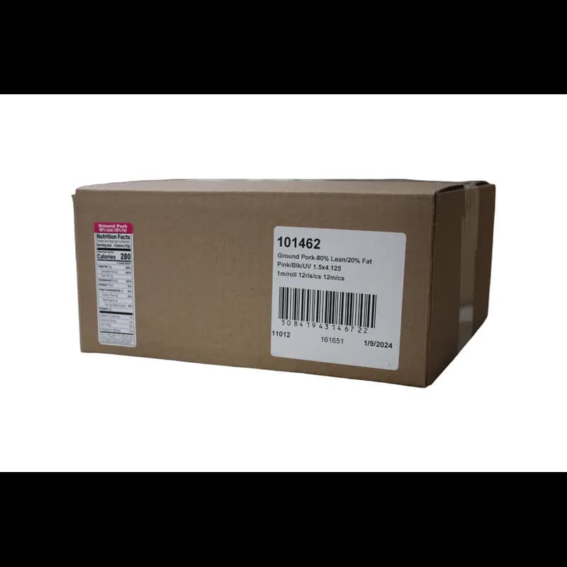 Ground Pork 80% Lean/20% Fat Meat Nutritional Label 1.5X4.125 IN Pink Black UV 1000 Count/Roll 12 Rolls/Case