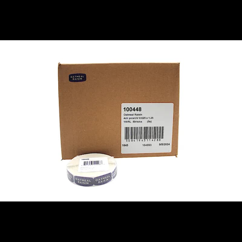 Oatmeal Raisin Bakery Flavor Label 0.625X1.25 IN 4 Color Process UV 1000 Count/Roll 50 Rolls/Case 50000 Count/Case
