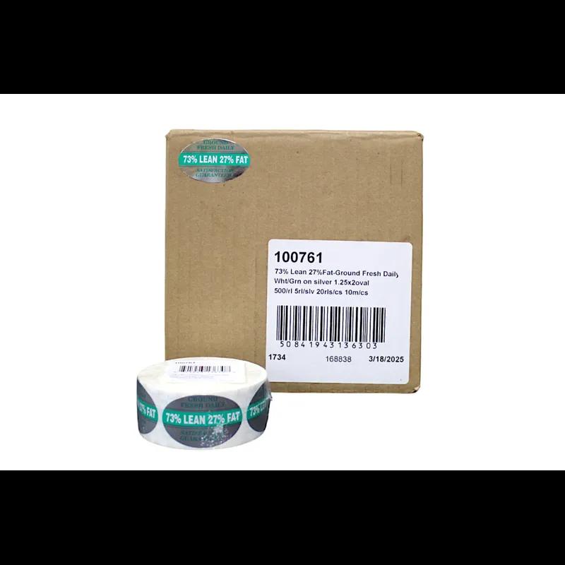 Ground Fresh Daily 73% Lean 27% Fat Meat Grinds Label 1.25X2 IN White Green Silver Oval 500 Count/Roll 5 Rolls/Sleeve