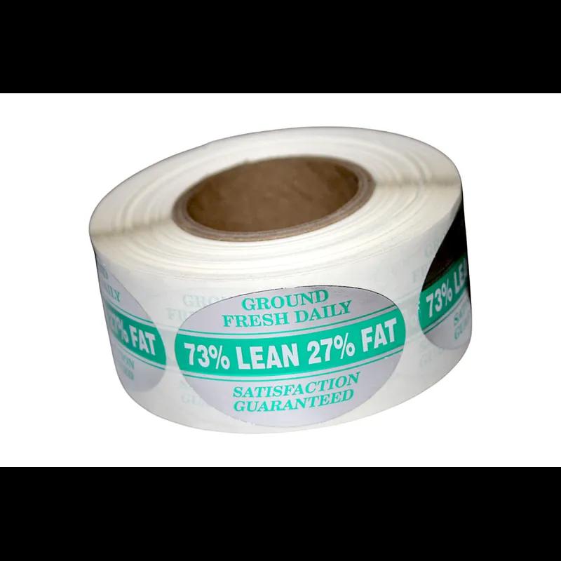 Ground Fresh Daily 73% Lean 27% Fat Meat Grinds Label 1.25X2 IN White Green Silver Oval 500 Count/Roll 5 Rolls/Sleeve