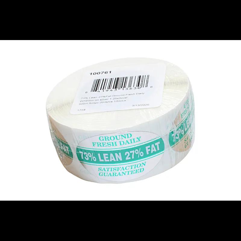 Ground Fresh Daily 73% Lean 27% Fat Meat Grinds Label 1.25X2 IN White Green Silver Oval 500 Count/Roll 5 Rolls/Sleeve