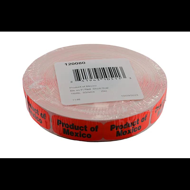 Product of Mexico Origin Label 0.625X1.25 IN Black Fluorescent Red Short Oval 1000 Count/Roll 50 Rolls/Case
