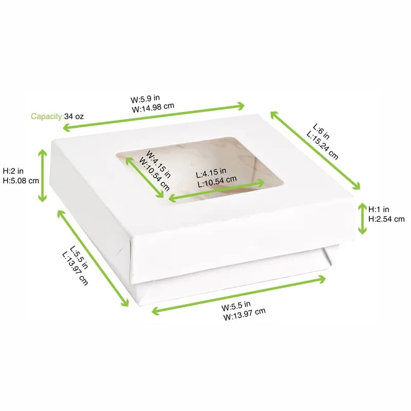 Kray Bakery Box 34 OZ 5.5X5.5X2 IN Corrugated Paperboard White With Window 25 Count/Pack 10 Packs/Case 250 Count/Case