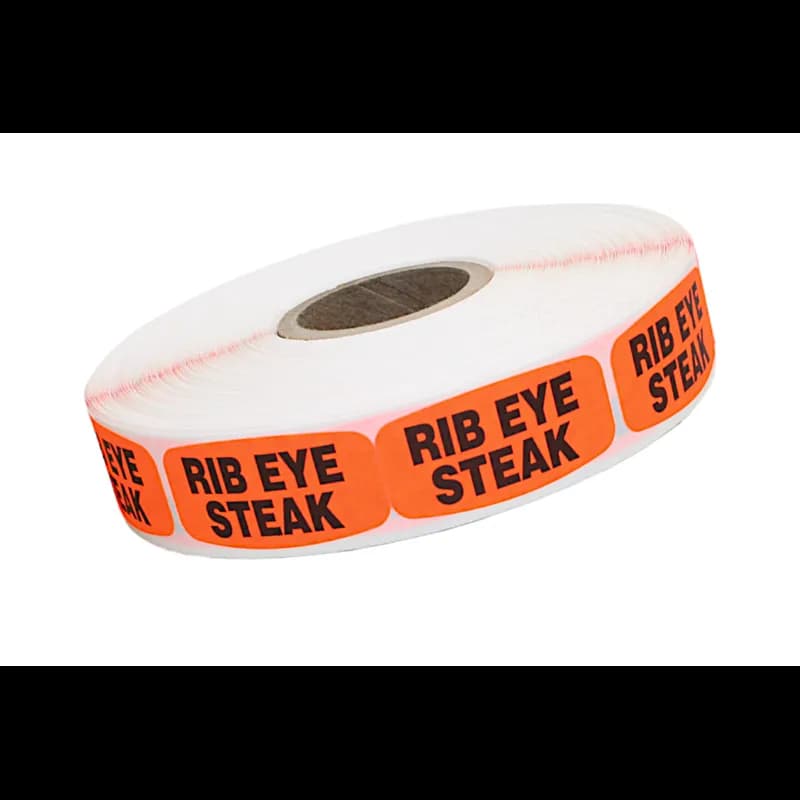 Rib Eye Steak Label 0.625X1.25 IN Black Fluorescent Red Short Oval 1000 Count/Roll 50 Rolls/Case 50000 Count/Case