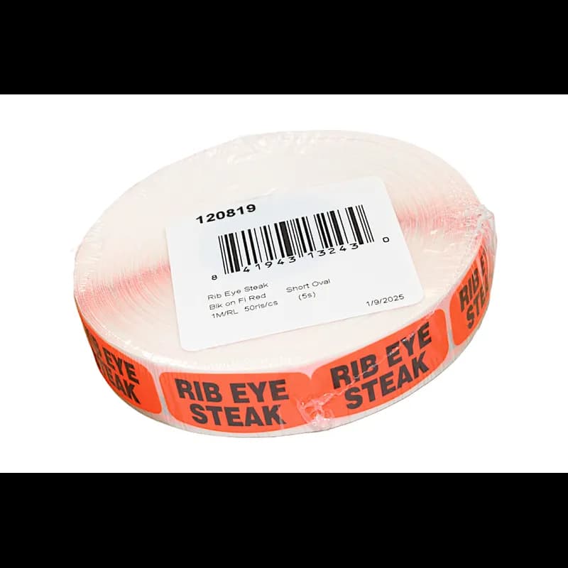 Rib Eye Steak Label 0.625X1.25 IN Black Fluorescent Red Short Oval 1000 Count/Roll 50 Rolls/Case 50000 Count/Case