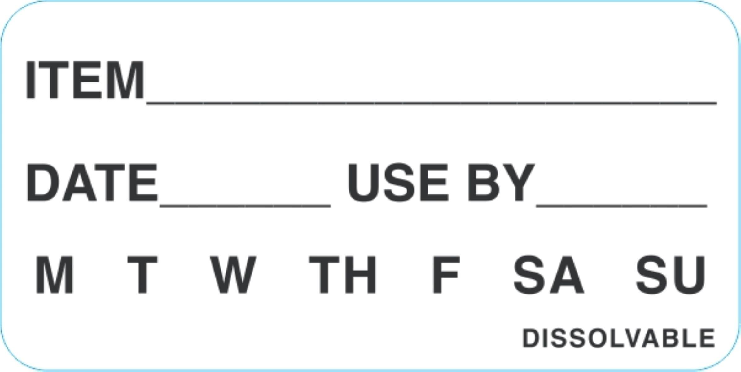 Label 7 Day/Item/Date/Use By DOW Food Safety Label 2X1 IN Black Dissolvable 500 Count/Roll 10 Rolls/Case 5000 Count/Case