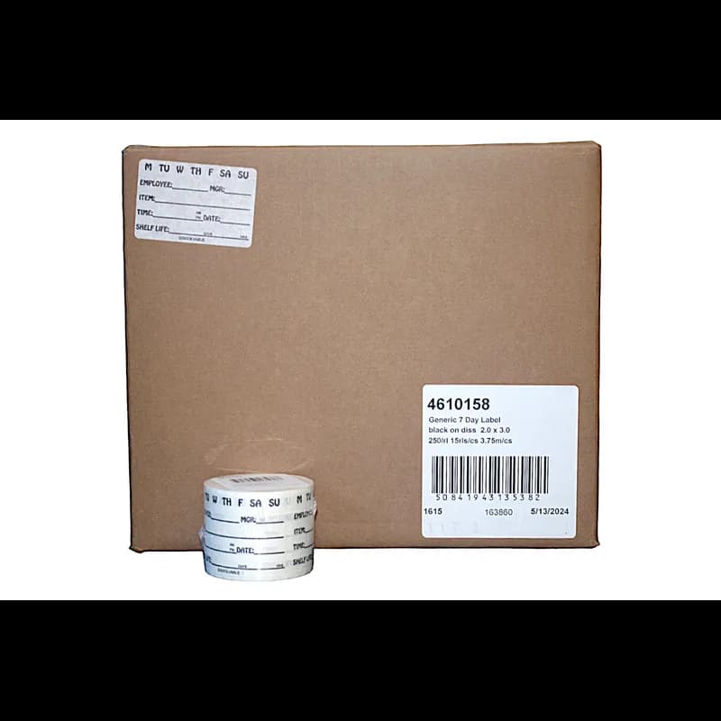 7 Day/Item/Time/Date Shelf Life Expiration Food Safety Label 2X3 IN Black Dissolvable 250 Count/Roll 15 Rolls/Case