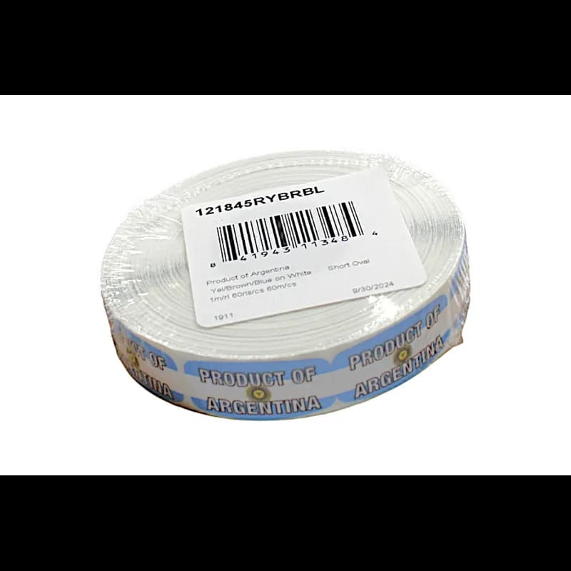 Product of Argentina Origin Label 0.625X1.25 IN Yellow Brown Blue White Short Oval 1000 Count/Roll 60 Rolls/Case