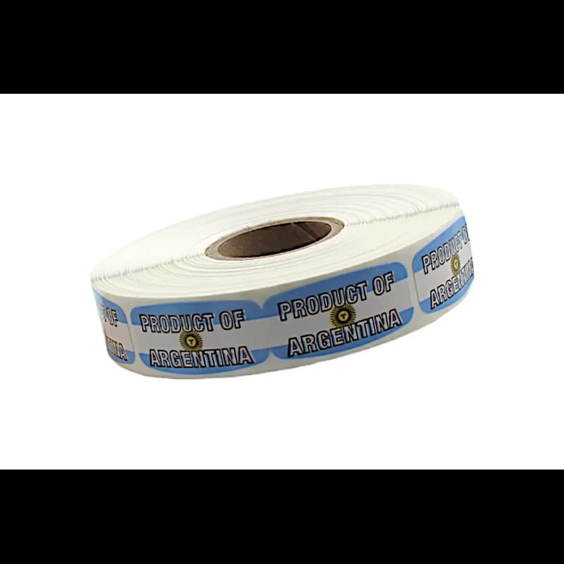 Product of Argentina Origin Label 0.625X1.25 IN Yellow Brown Blue White Short Oval 1000 Count/Roll 60 Rolls/Case