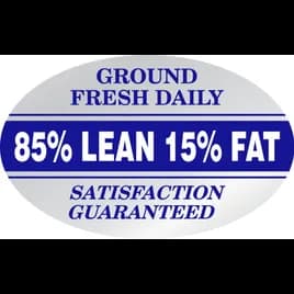Ground Fresh 85% Lean 15% Fat Meat Grinds Label 1.25X2 IN White Blue Silver Oval Foil 500 Count/Roll 20 Rolls/Case