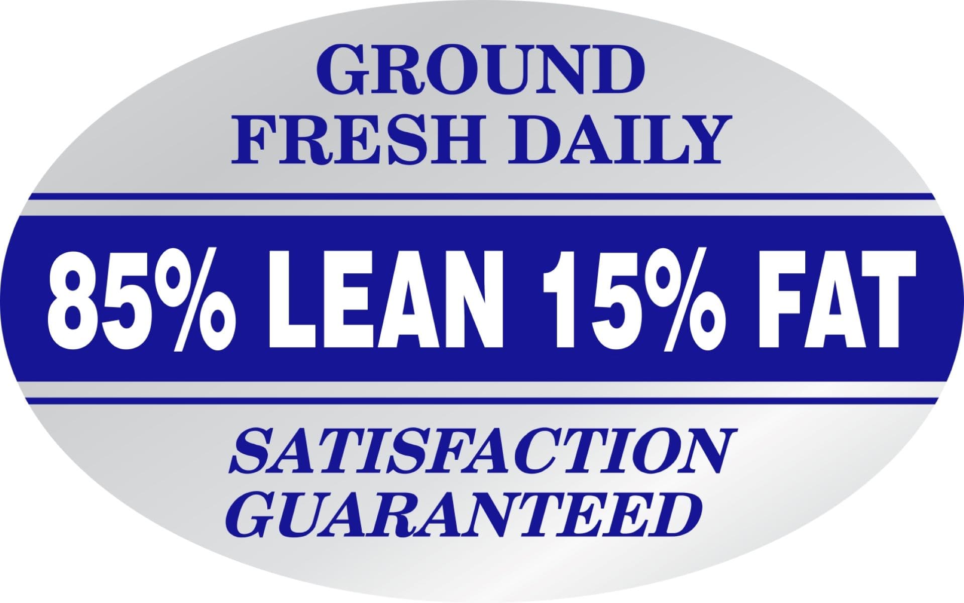Ground Fresh 85% Lean 15% Fat Meat Grinds Label 1.25X2 IN White Blue Silver Oval Foil 500 Count/Roll 20 Rolls/Case