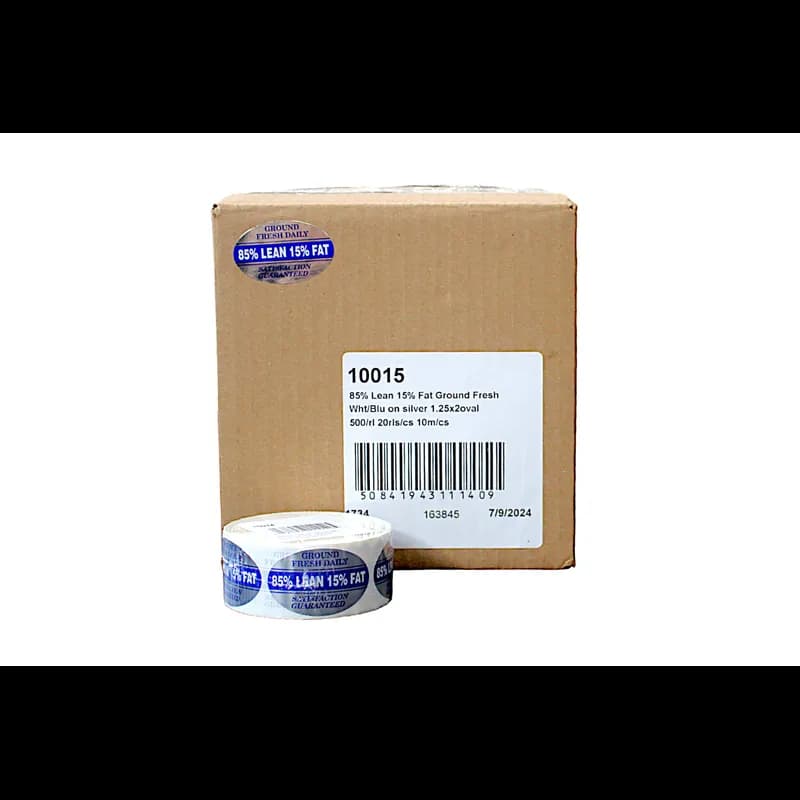 Ground Fresh 85% Lean 15% Fat Meat Grinds Label 1.25X2 IN White Blue Silver Oval Foil 500 Count/Roll 20 Rolls/Case