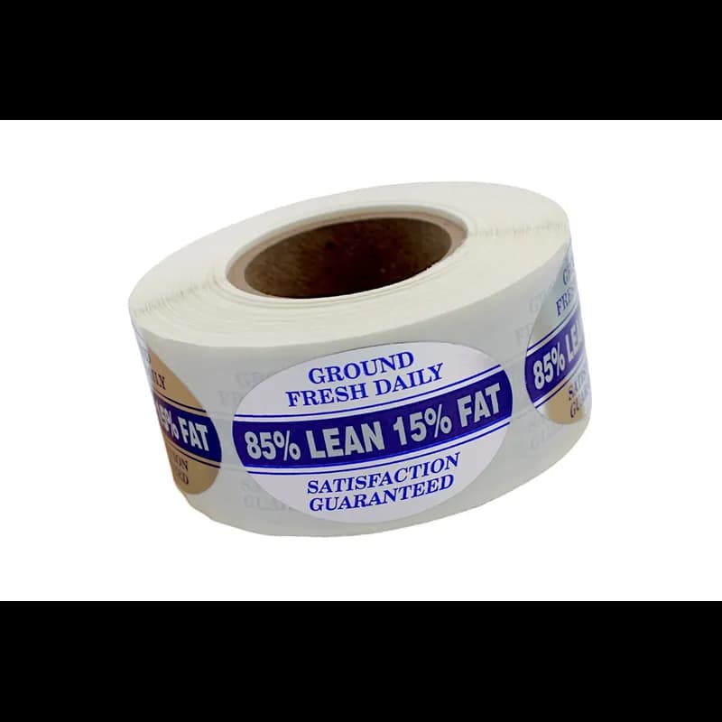 Ground Fresh 85% Lean 15% Fat Meat Grinds Label 1.25X2 IN White Blue Silver Oval Foil 500 Count/Roll 20 Rolls/Case