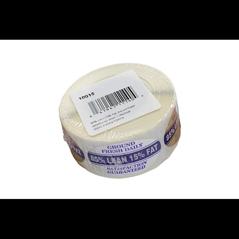 Ground Fresh 85% Lean 15% Fat Meat Grinds Label 1.25X2 IN White Blue Silver Oval Foil 500 Count/Roll 20 Rolls/Case