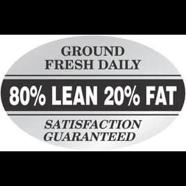Ground Fresh 80% Lean 20% Fat Meat Grinds Label 1.25X2 IN White Black Silver Oval Foil 500 Count/Roll 20 Rolls/Case