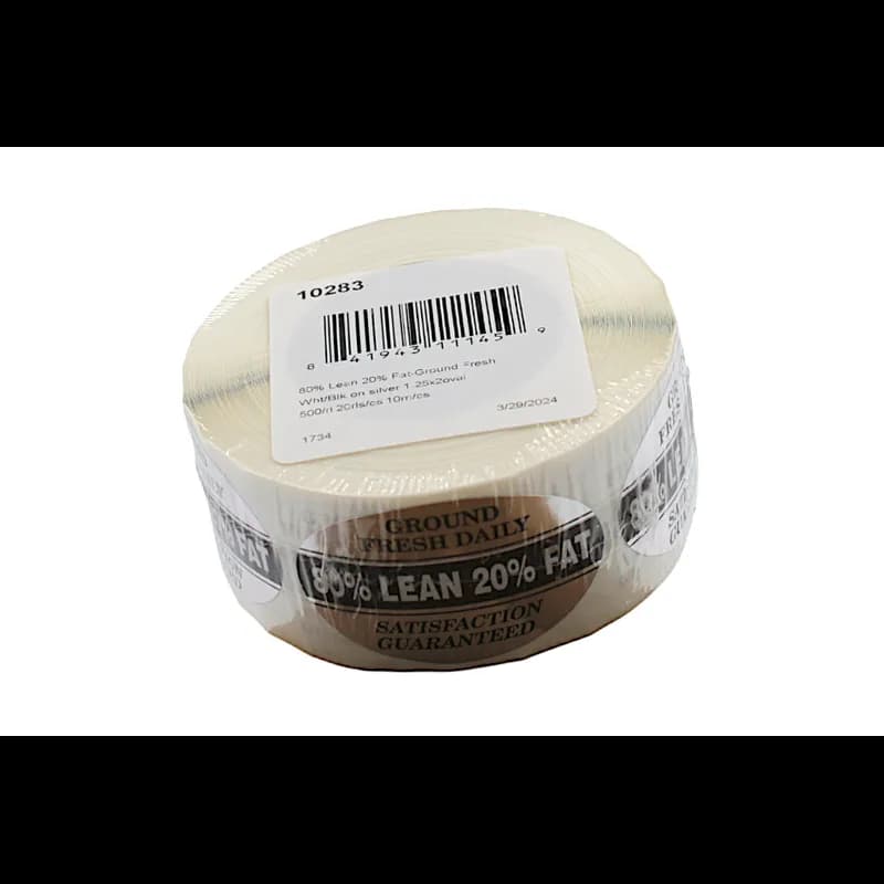 Ground Fresh 80% Lean 20% Fat Meat Grinds Label 1.25X2 IN White Black Silver Oval Foil 500 Count/Roll 20 Rolls/Case