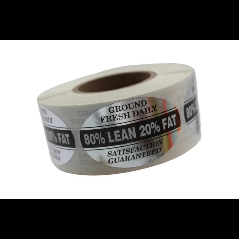 Ground Fresh 80% Lean 20% Fat Meat Grinds Label 1.25X2 IN White Black Silver Oval Foil 500 Count/Roll 20 Rolls/Case