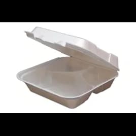 Take-Out Container Hinged 8X8X3 IN 3 Compartment Polystyrene Foam White 200/Case