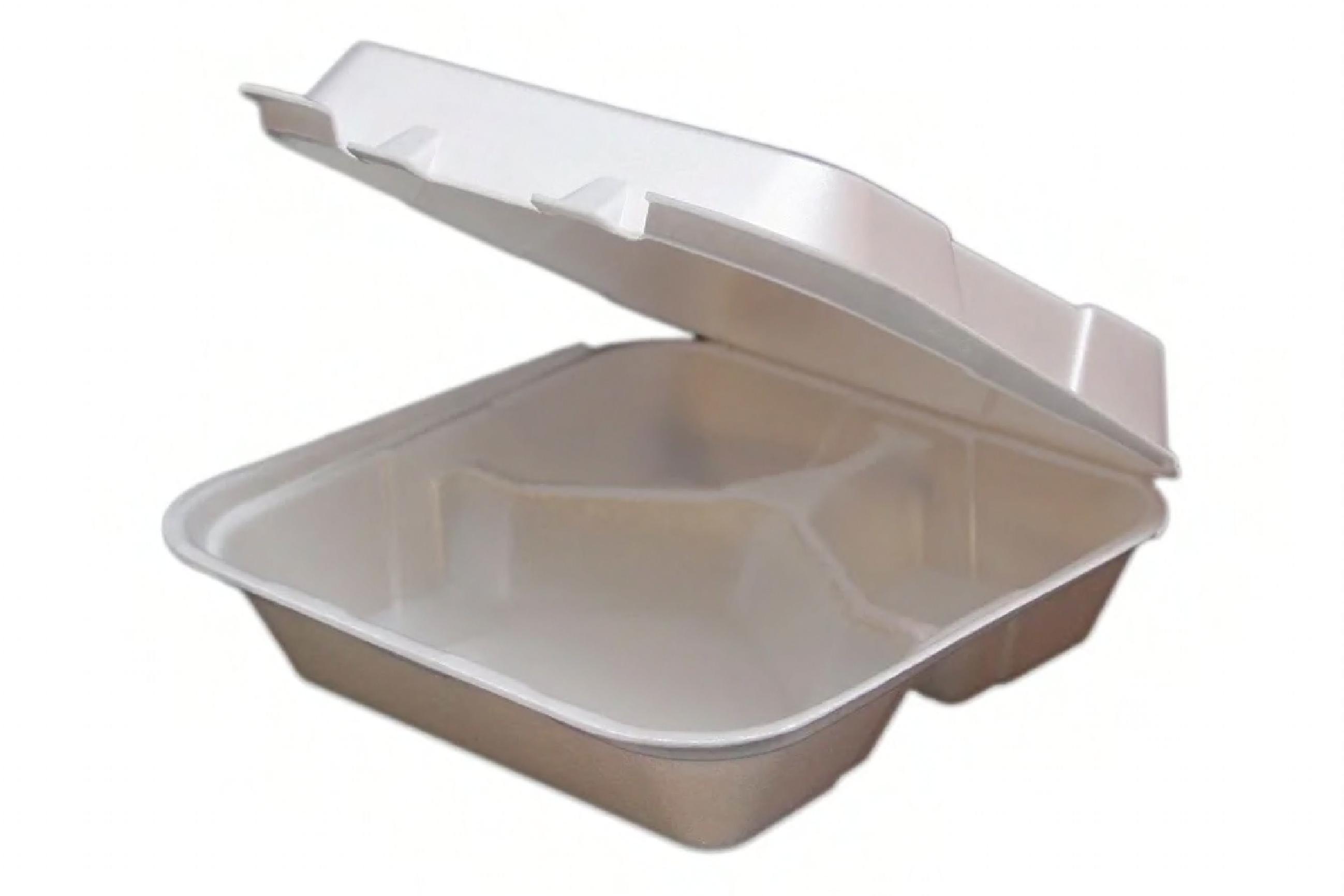 Take-Out Container Hinged 8X8X3 IN 3 Compartment Polystyrene Foam White 200/Case