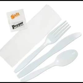 WNA 6PC Cutlery Kit PS White With 1PLY 15 x 13.5 Napkin,Fork,Knife,Spoon,Salt & Pepper 250/Case