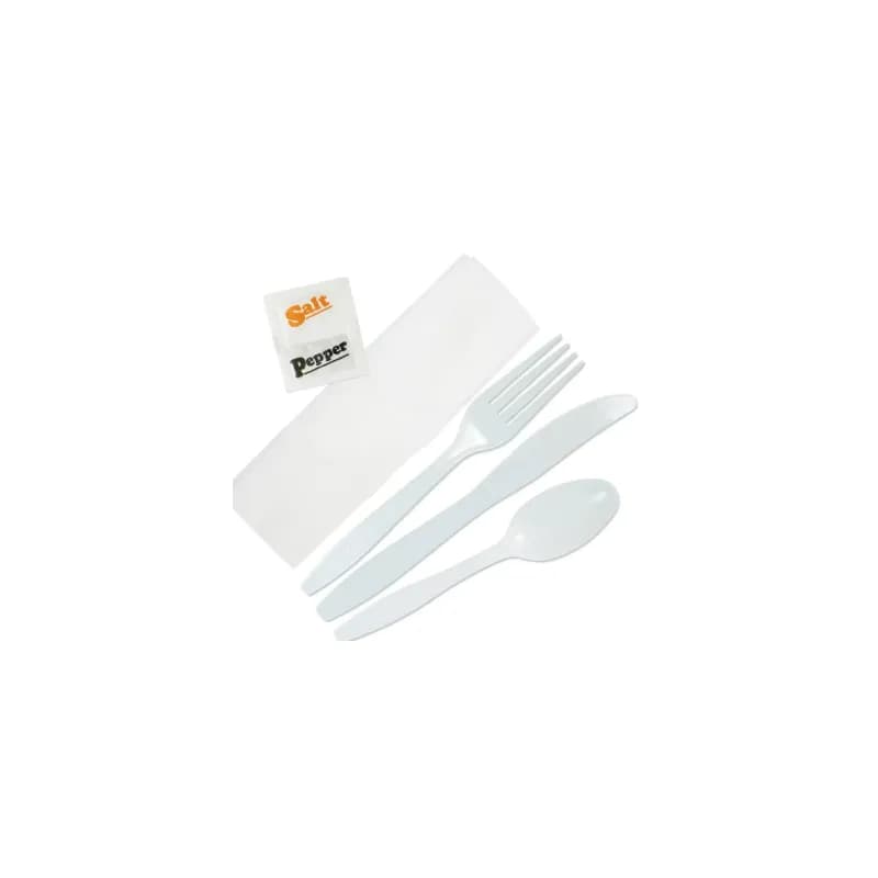 WNA 6PC Cutlery Kit PS White With 1PLY 15 x 13.5 Napkin,Fork,Knife,Spoon,Salt & Pepper 250/Case